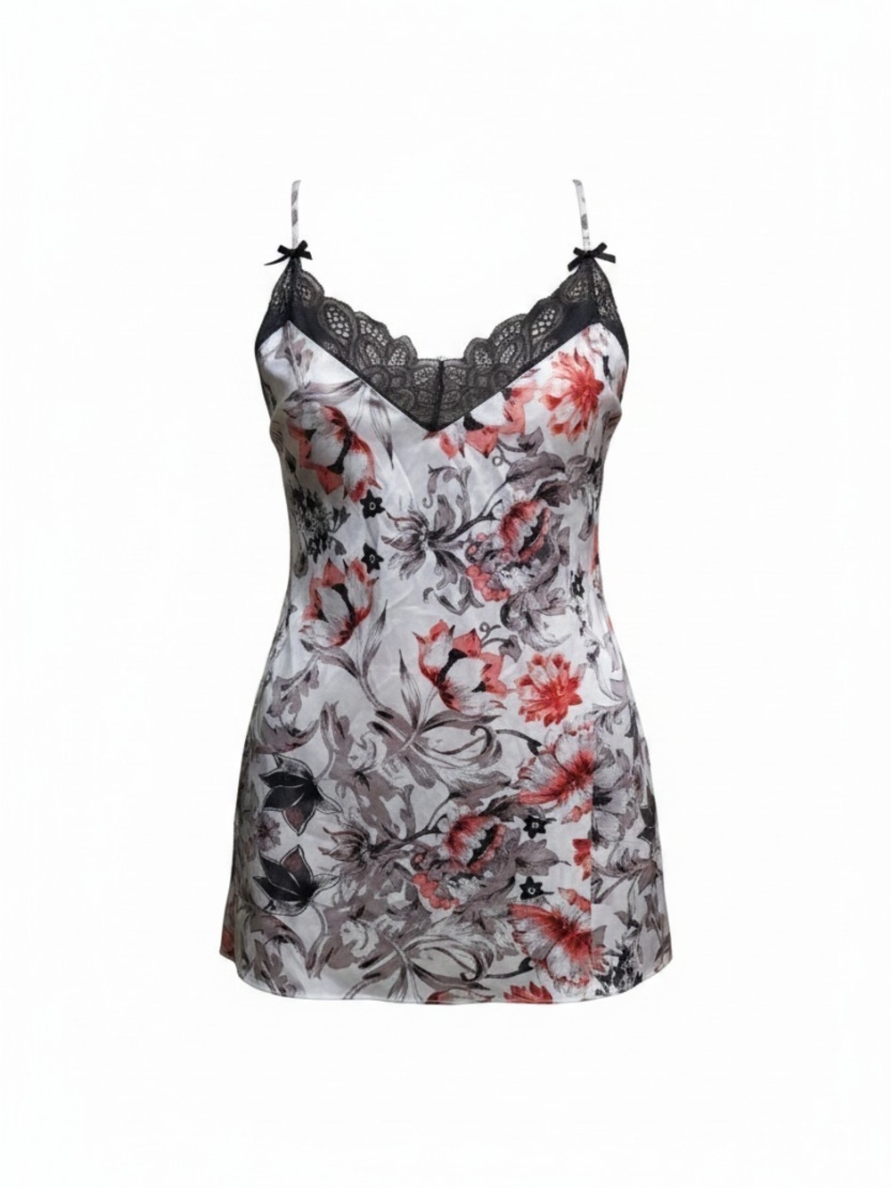 Cacique Floral Satin Chemise with Black Lace Trim